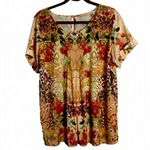 Soft Surroundings Tunic Floral Large Multicoloured Short Sleeves  Pleated Blouse